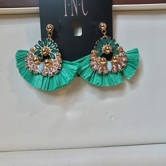 Tone Stone & Raffia Fan Drop Earrings - Picture 3 of 3